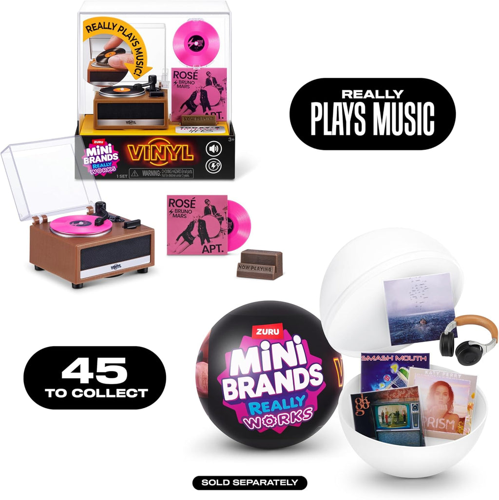 Mini Functional Record Player That Plays Real Music – ZURU Mini Brands Series 1 Really Works Vinyl Playset, Includes Vinyl Record & Stand, Collectible Toy for Kids, Gen Z & Adults
