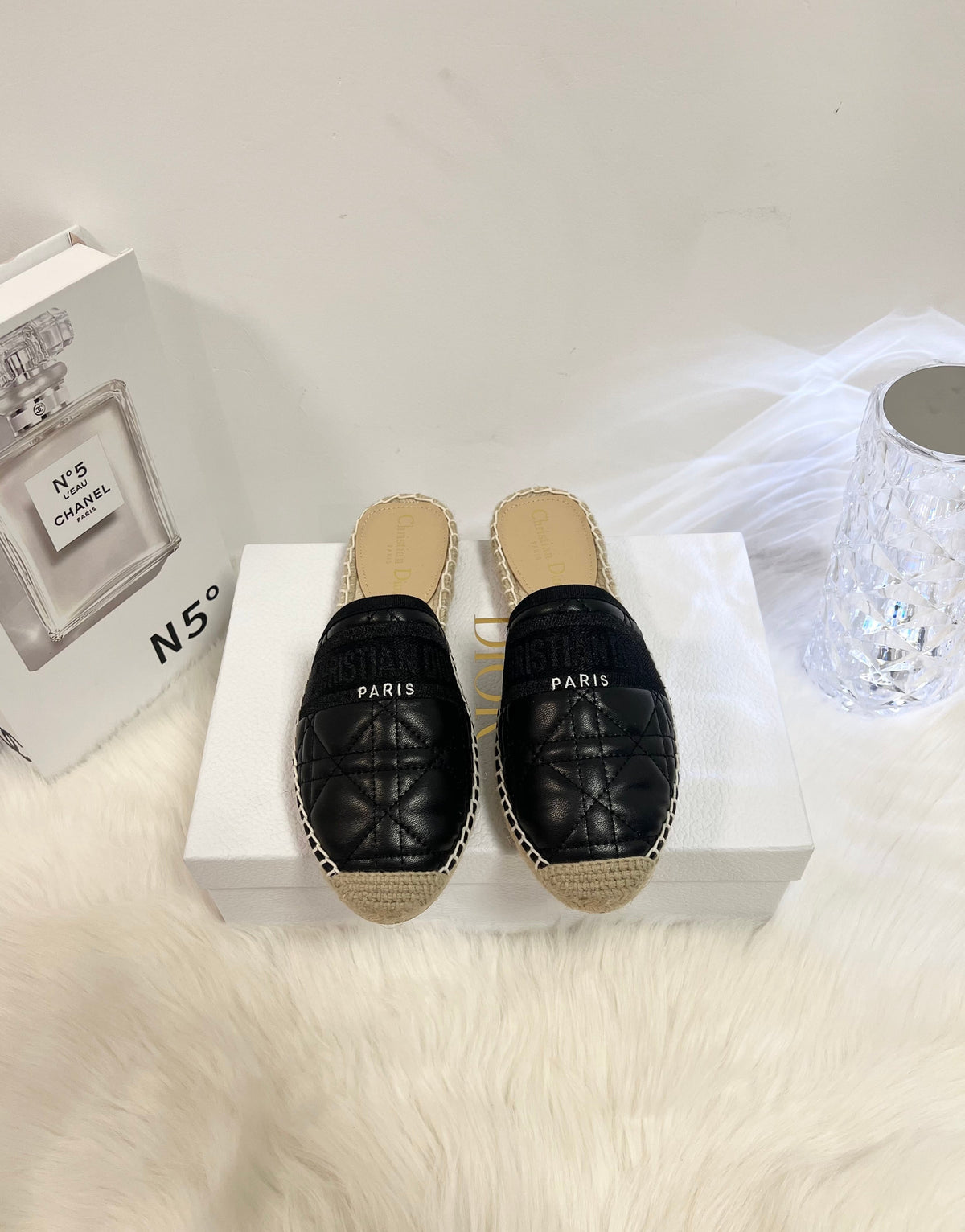 DIOR GRANVILLE ESPADRILLE MULE BLACK QUILTED CANNAGE CALFSKIN